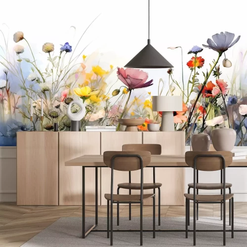 Fototapete Multicolored wildflowers watercolor field drawing summer. generative ai