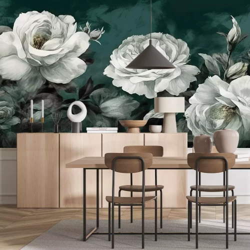 Fototapete Weiße Rosen auf dunkelgrünem Hintergrund