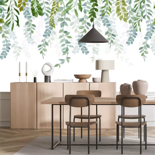 Sticker Grüne Pflanzenzweige hängen von oben auf weißem Hintergrund