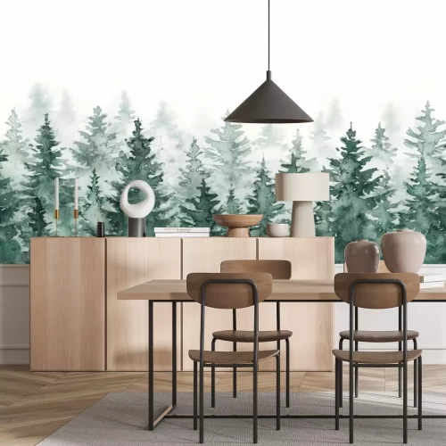 Fototapete Aquarellierter Nadelwald auf weißem Hintergrund