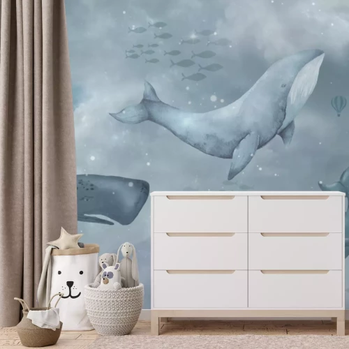 Fototapete Sternenhimmel mit Walen märchenhaftes Aquarellmuster für Kinder