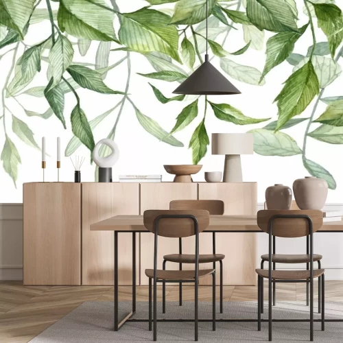 Fototapete Aquarell grüne Blätter auf weißem Hintergrund