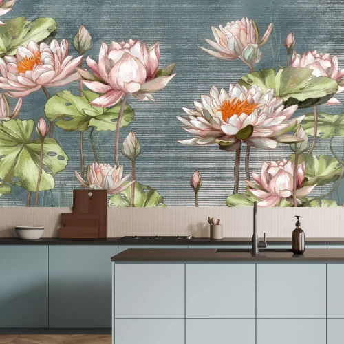 Fototapete Seerosen und grüne Blätter