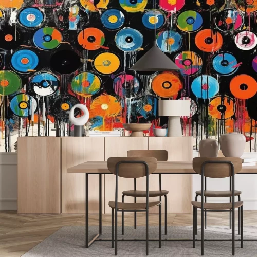 Fototapete Graffiti mit Schallplatten im Pop-Art-Stil