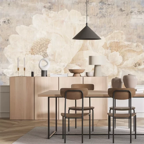 Fototapete Große Pfingstrosenblumen an einer Betonwand