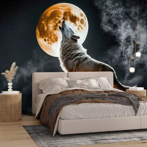 Fototapete white wolf howling at the moon, generative AI