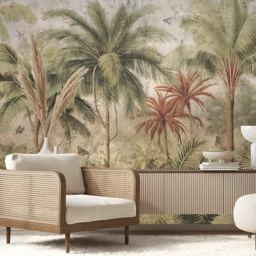 Fototapete Vintage Dschungel mit Exotischen Bäumen