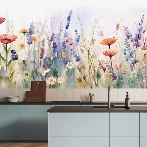 Fototapete Watercolor pattern of a landscape of blossoms, flower, branches and butterflies with a sky background