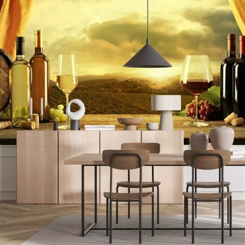 Fototapete Fässer und Weinflaschen auf einem Tisch in einem Weingut