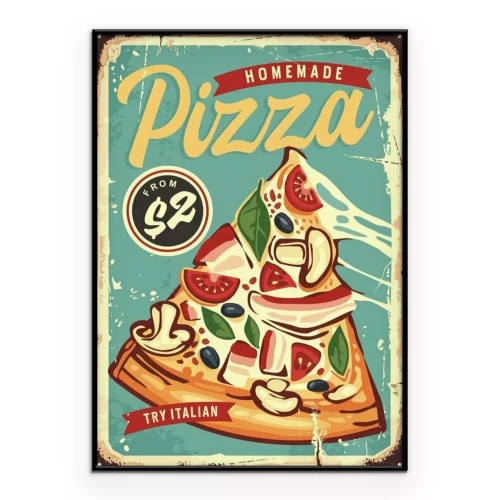 Poster Eine Grafik mit einer Pizza und einem Schild im Stil eines Retro-Posters