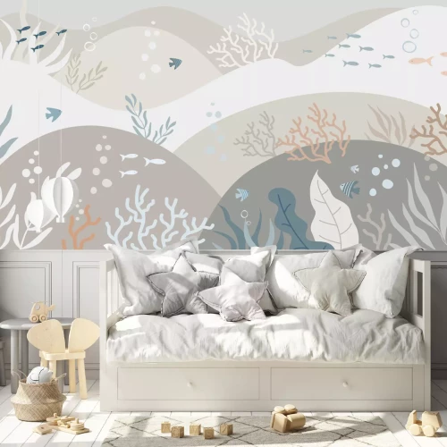 Fototapete Minimalistisches Muster mit Fischen in einer pastellfarbenen Unterwasserwelt