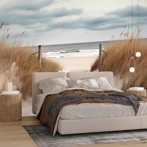 Fototapete Beach access wooden pathway of a sea in sand dunes with ocean