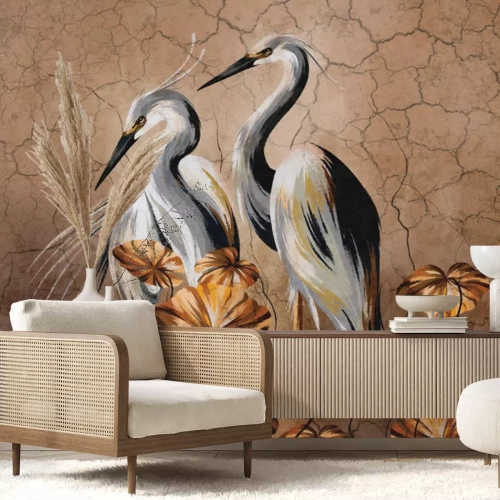 Fototapete Art painted birds in beige tones, photo wallpaper
