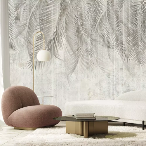 Fototapete Palm leaves on the wall, tropical leaves. Illustration for wallpaper, card, poster, decoration. Mural.