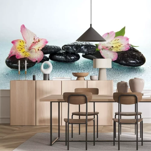 Sticker Steine ​​und Inkalilien Blume im Wassertropfen