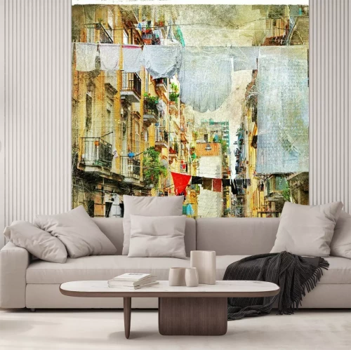 Fototapete Häuser mit Wäsche auf Schnürchen