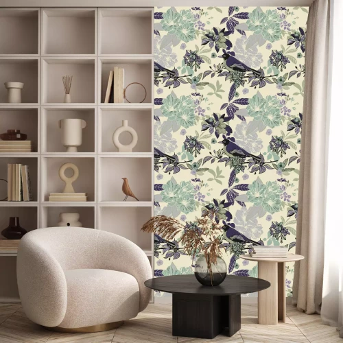 Tapete Seidenblumen und Vögel nahtlose Muster
