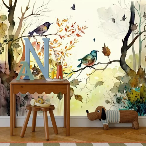 Sticker Watercolour illustration of birds in the autumn forest.