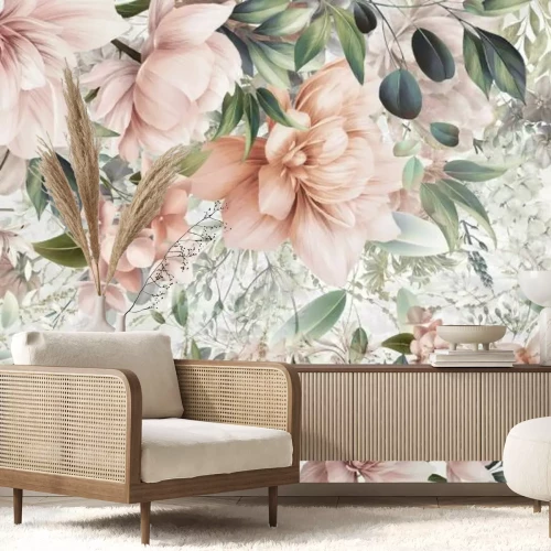 Fototapete Rosa Blumen zwischen grünen Blättern