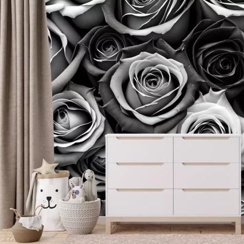 Fototapete small red black pink blue and white roses full frame background also used in decoration and cards 