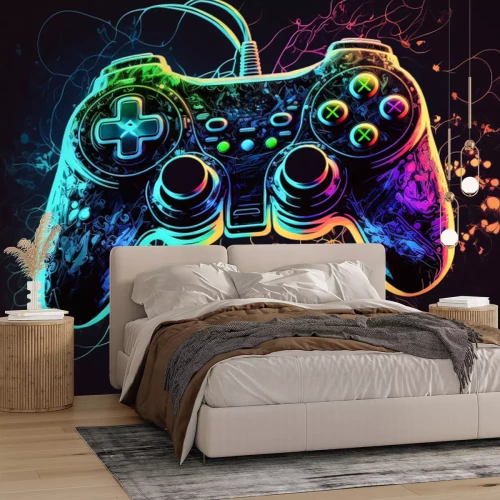 Sticker Neon-stylized gamepad in a unique design. Future of gaming. Console gaming. Generative AI.