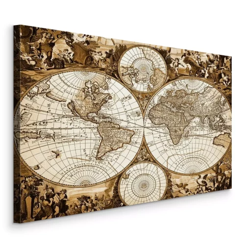 Bild Historische Sepia-Weltkarte mit Illustrationen der Kontinente