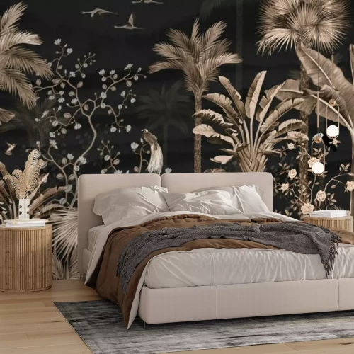 Fototapete Tropische Pflanzen, Palmen und Monstera auf Dunklem Hintergrund