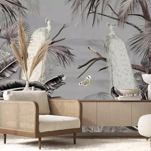Fototapete Weiße Pfauen unter Palmen, Tropische Landschaft