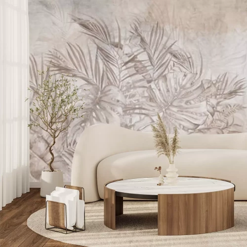 Fototapete Tropische Blätter in Beigetönen, monochromes Muster