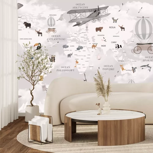 Fototapete Die Weltkarte mit Tieren und Flugzeugen für Kinder