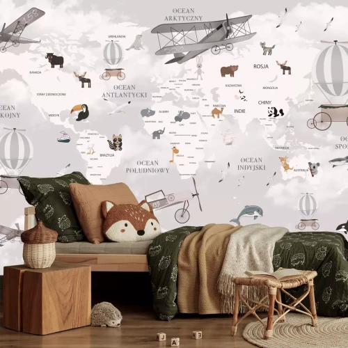 Fototapete Die Weltkarte mit Tieren und Flugzeugen für Kinder