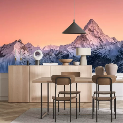 Fototapete Ama Dablam-Gipfel mit rosa Himmel und schneebedeckten Bergen in Nepal