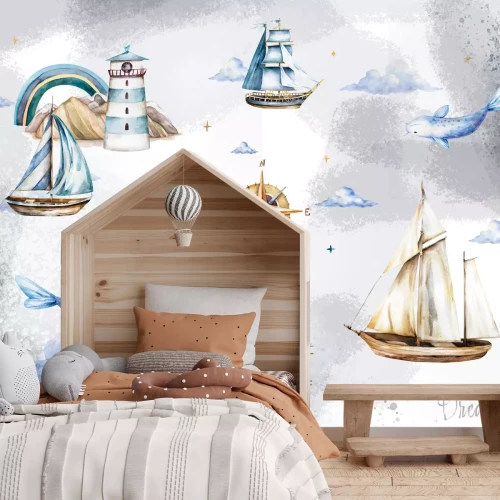 Fototapete Fische Schiff und Leuchtturm Aquarellmuster für Kinder