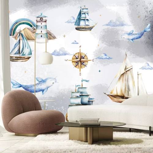 Fototapete Fische Schiff und Leuchtturm Aquarellmuster für Kinder