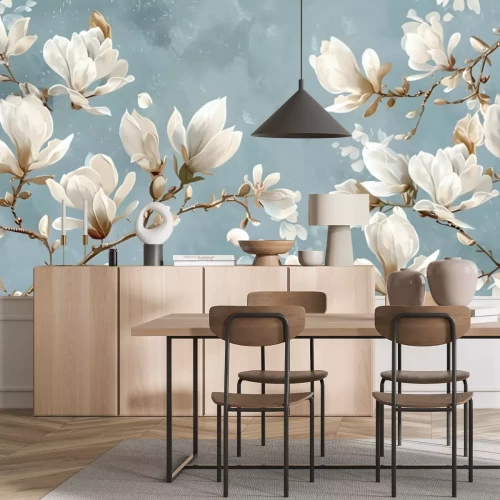 Fototapete Delicate vintage magnolia flowers on light blue background, perfect for floral pattern wallpaper