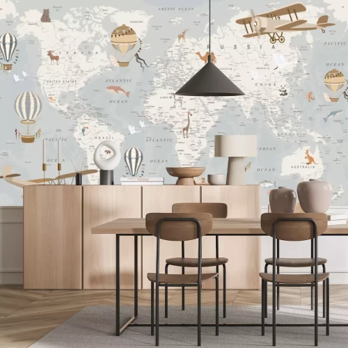 Fototapete children's retro world map with animals, balloons, airplanes on a gray background