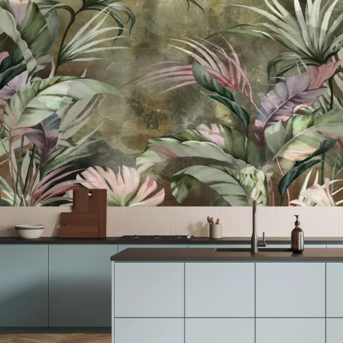 Fototapete Bright tropical leaves , pattern in green tones, photo wallpaper for the interior.