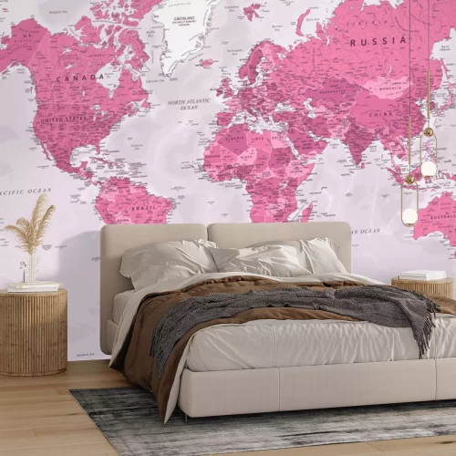 Fototapete World Map - Highly Detailed Vector Map of the World. Ideally for the Print Posters. Rose Pink Colors. With Relief and Depth