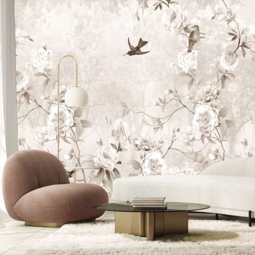 Fototapete Blühende Rosen und Vögel in Beigetönen