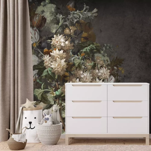 Fototapete 3D-Blumenstrauß auf dunklem Hintergrund, florales Muster