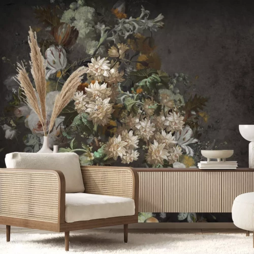 Fototapete 3D-Blumenstrauß auf dunklem Hintergrund, florales Muster