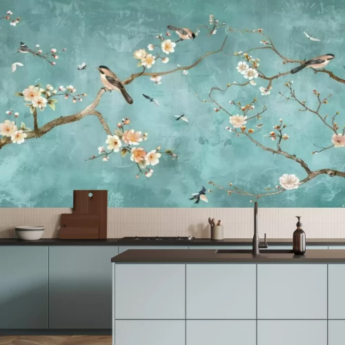 Fototapete Kirschblüten und Zweige auf blauem Hintergrund