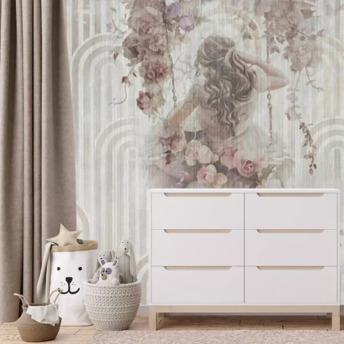 Fototapete Mädchen mit Blumen auf einer Schaukel, geometrischer Hintergrund