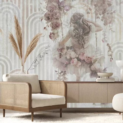 Fototapete Mädchen mit Blumen auf einer Schaukel, geometrischer Hintergrund