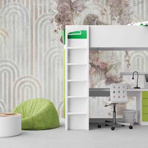 Fototapete Mädchen mit Blumen auf einer Schaukel, geometrischer Hintergrund