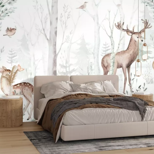 Fototapete Reh und Hirsch in einem malerischen Wald