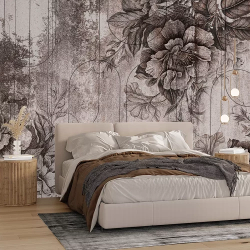 Fototapete Blumen und geometrische Formen im Vintage-Stil