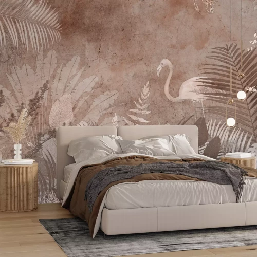 Fototapete Flamingo und tropische Pflanzen, Palmenblätter auf Beton
