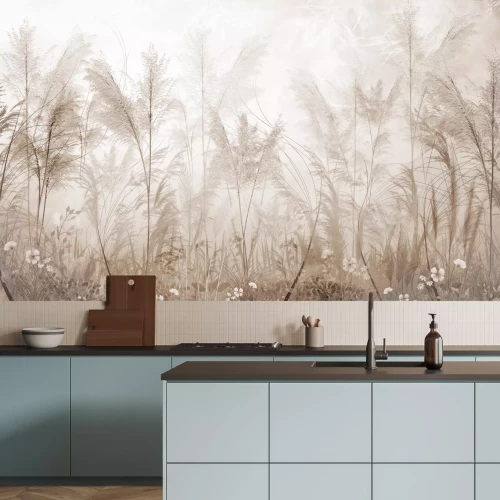 Fototapete Beige Gräser und weiße Blumen, botanisches Muster