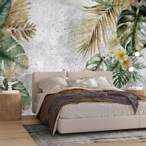 Fototapete Tropische Blätter, Monstera und Palmen auf Beton